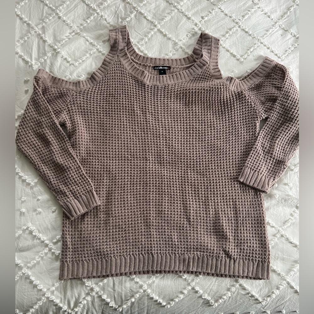 Charlotte Russe Tan Knit Cold-Shoulder Sweater